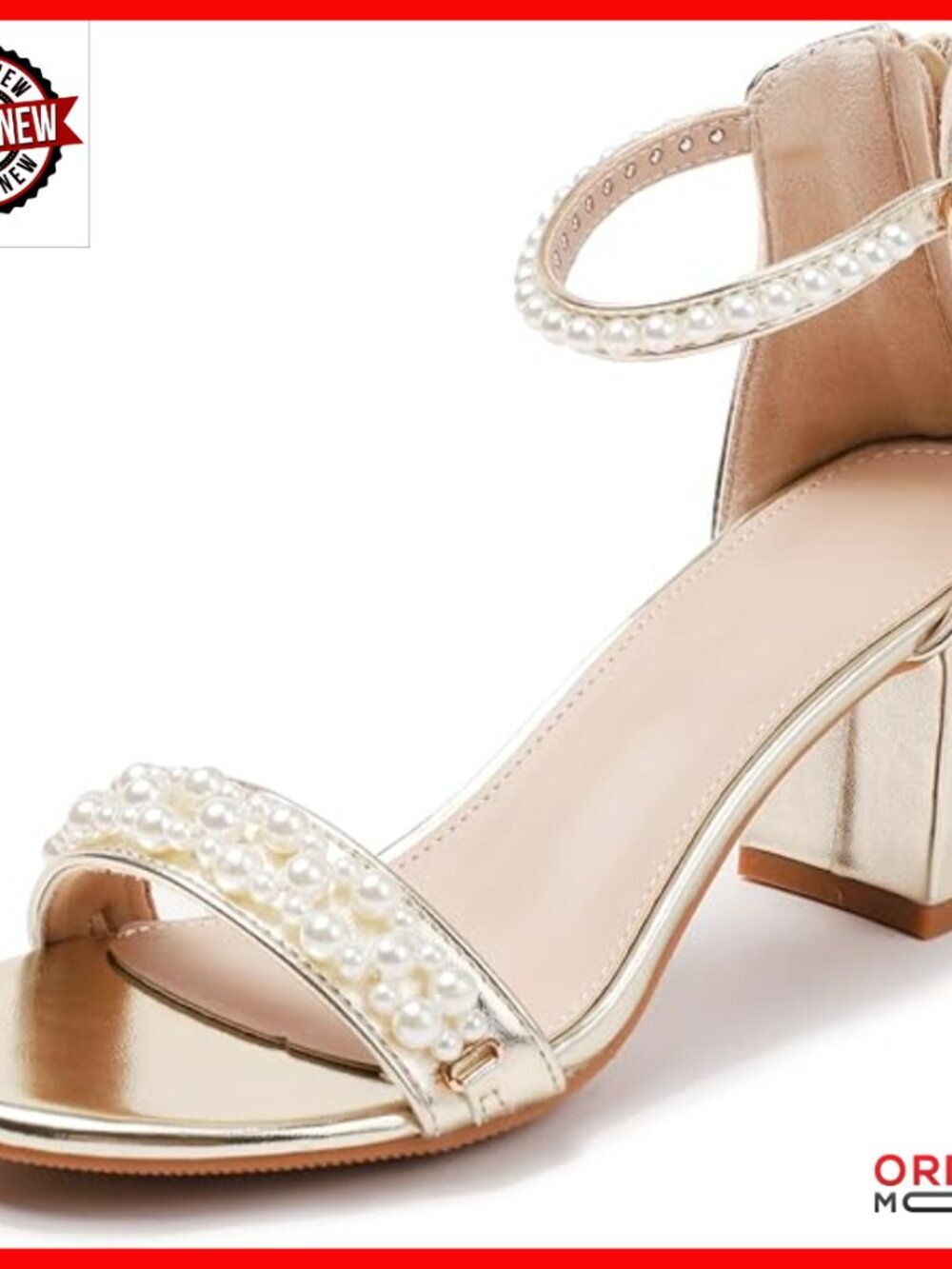 Open Toe Platform Heeled Sandals with Pearls Ankle Strap Chunky Low Heel